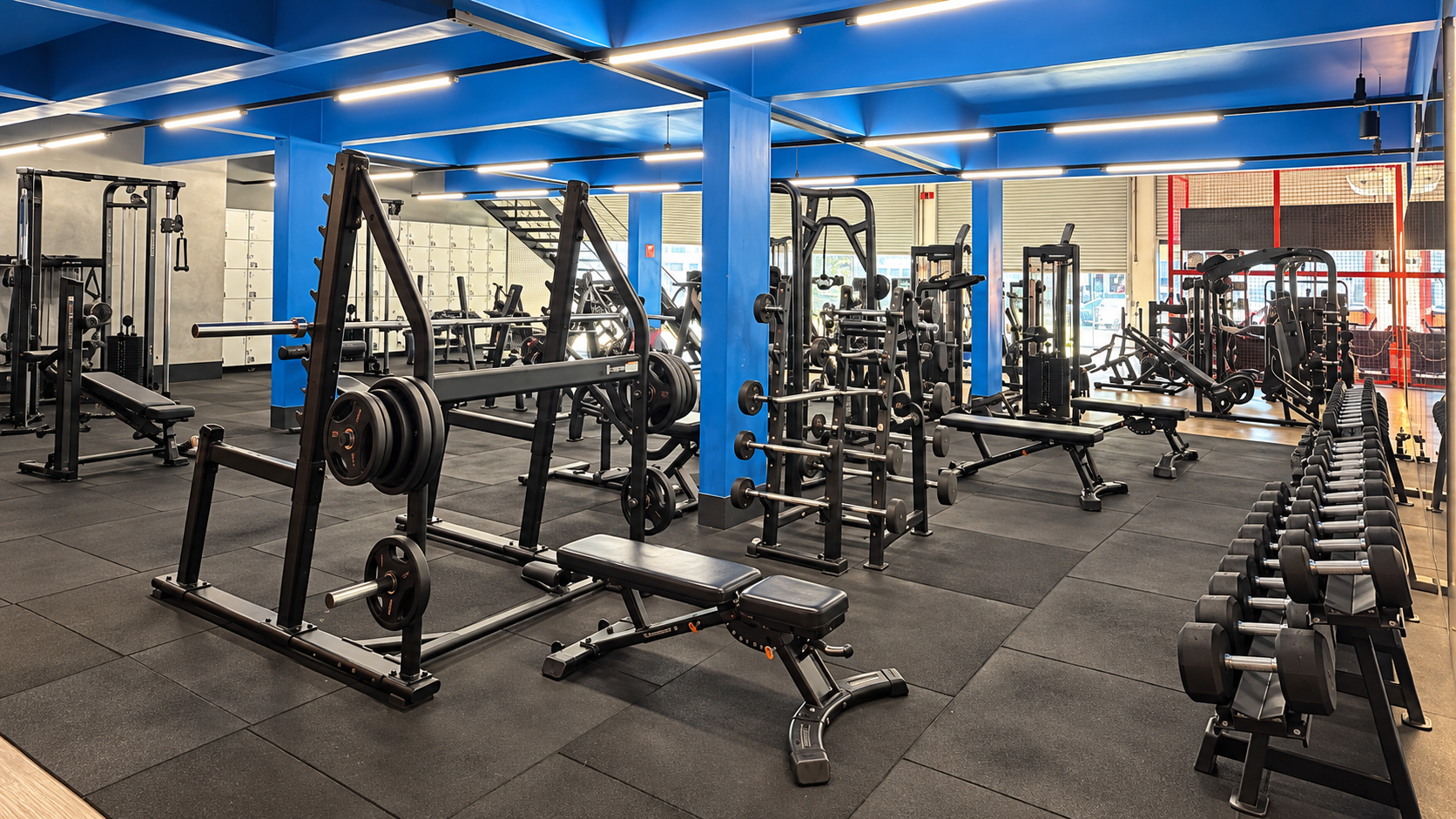 Área de musculação da Rayafit Alecrim com equipamentos e pesos livres