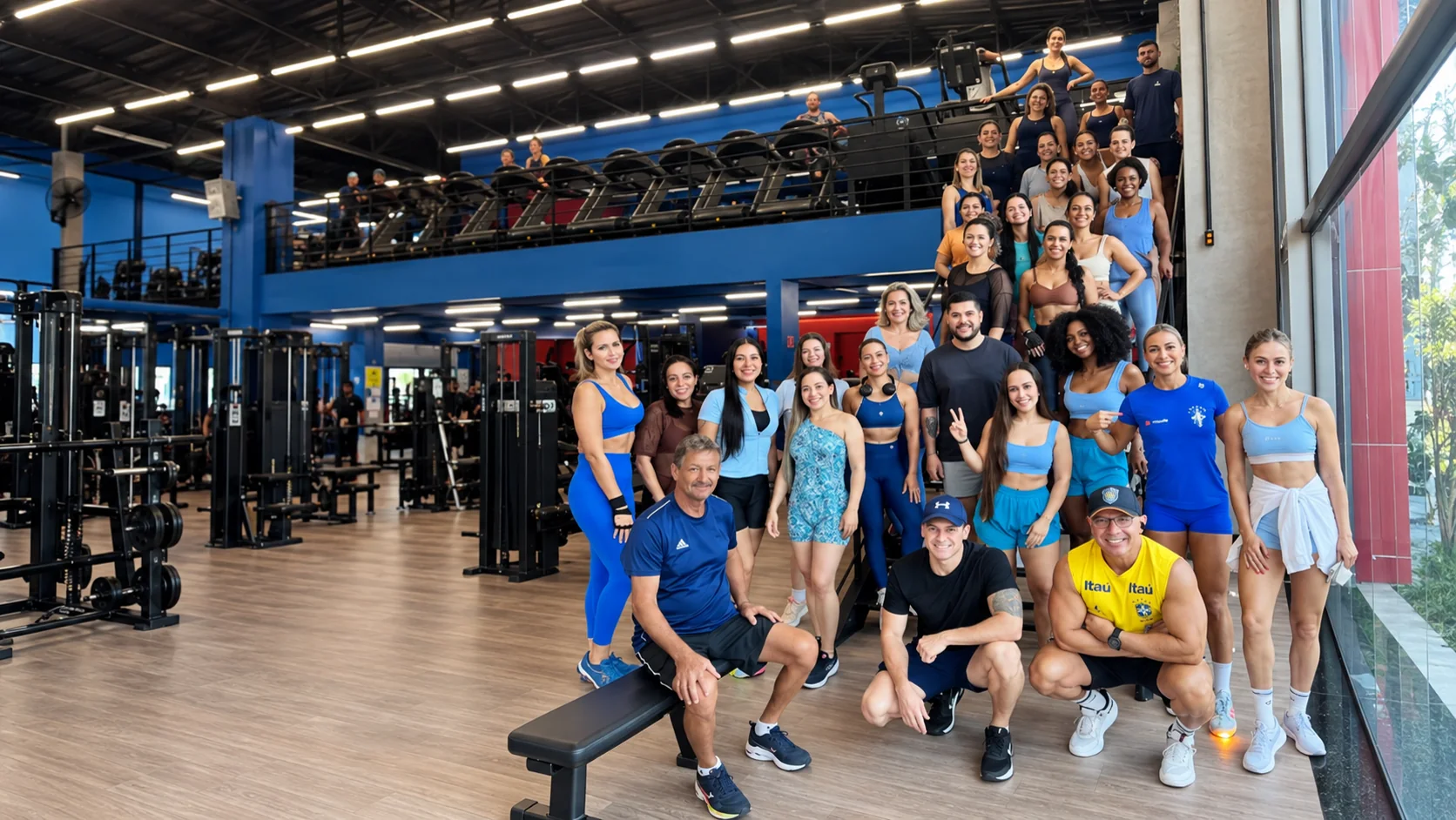 Alunos e equipe reunidos na escada da academia Rayafit em Vila Velha